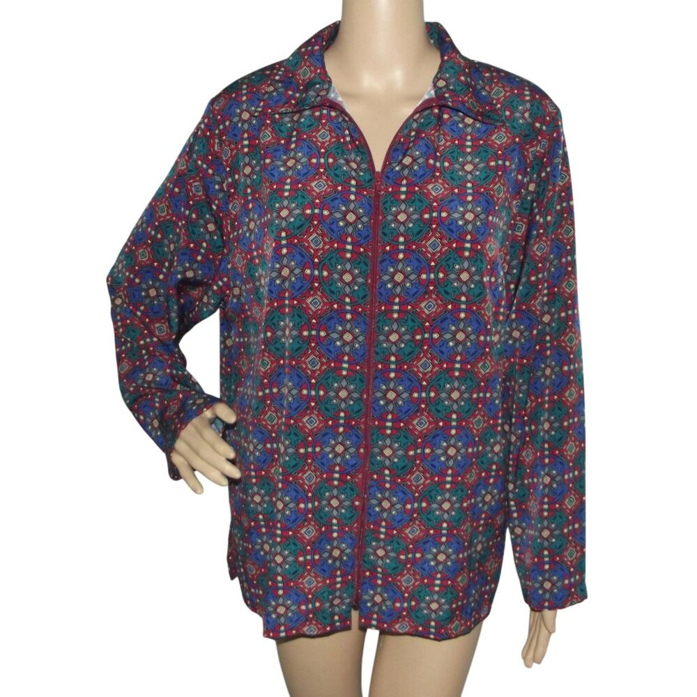 Bon Worth Jacket Womens Sz Medium Burgundy Blue Green Gold Full Zip lightweight